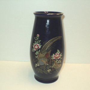 Kutani Japan Vase Dark Cobalt Blue Pheasants, Flowers, Gold Trim 7 1/2"